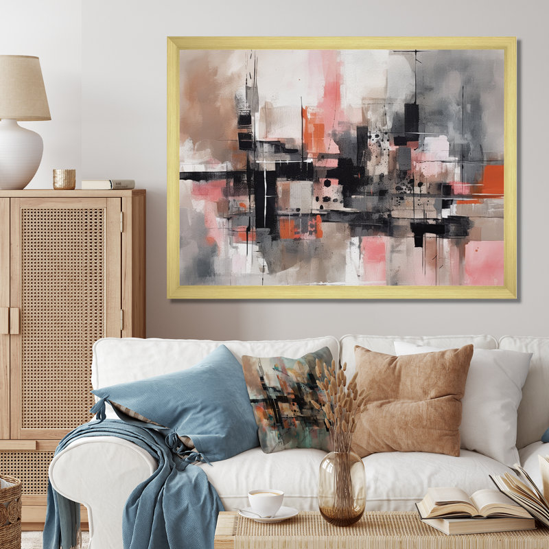 «Pink Black Minimalims Fludity II», reproduction sur toile, H 16 po x l 32 po x P 1 po, Encadrement doré