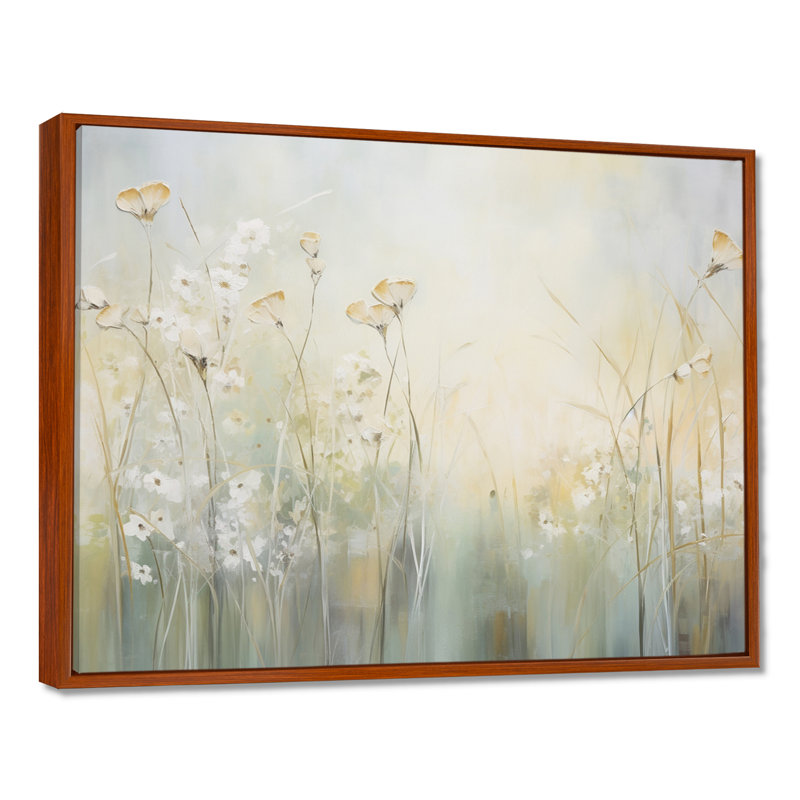 «Green Beige Serene Meadows I», reproduction d'art sur toile, H 16 po x l 32 po x P 1 po, Cadre flottant brun