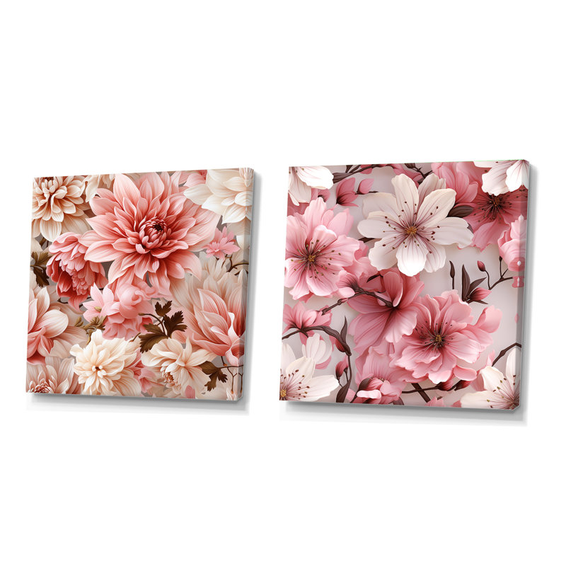 Ensemble de 2 collages carrés carrés floraux de tosha, Toile tendue, H 36 po x l 73 po