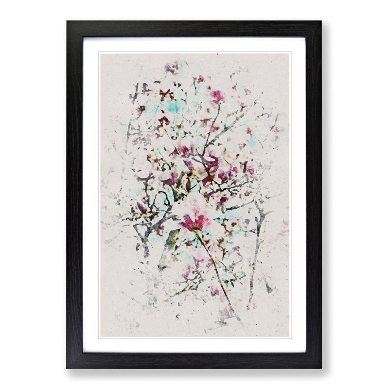 Pink Magnolia Blossom Tree - Picture Frame Painting Print, Black Framed, 33cm H x 24cm W x 2cm D