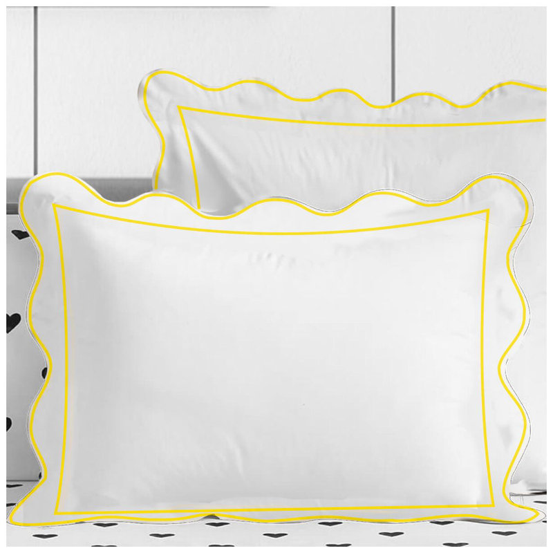 400TC Cotton Scallop Embroidery & Border Sateen Solid Duvet Cover Set, Full/Queen Duvet Cover, White/Yellow