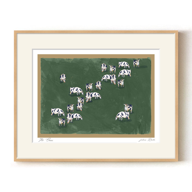 Mod-Ensemble The Cows by ChiChi – Green Field Farmhouse Art Print with Grazing Cattle| 24"H x 32"W | Natural Frame, Tan