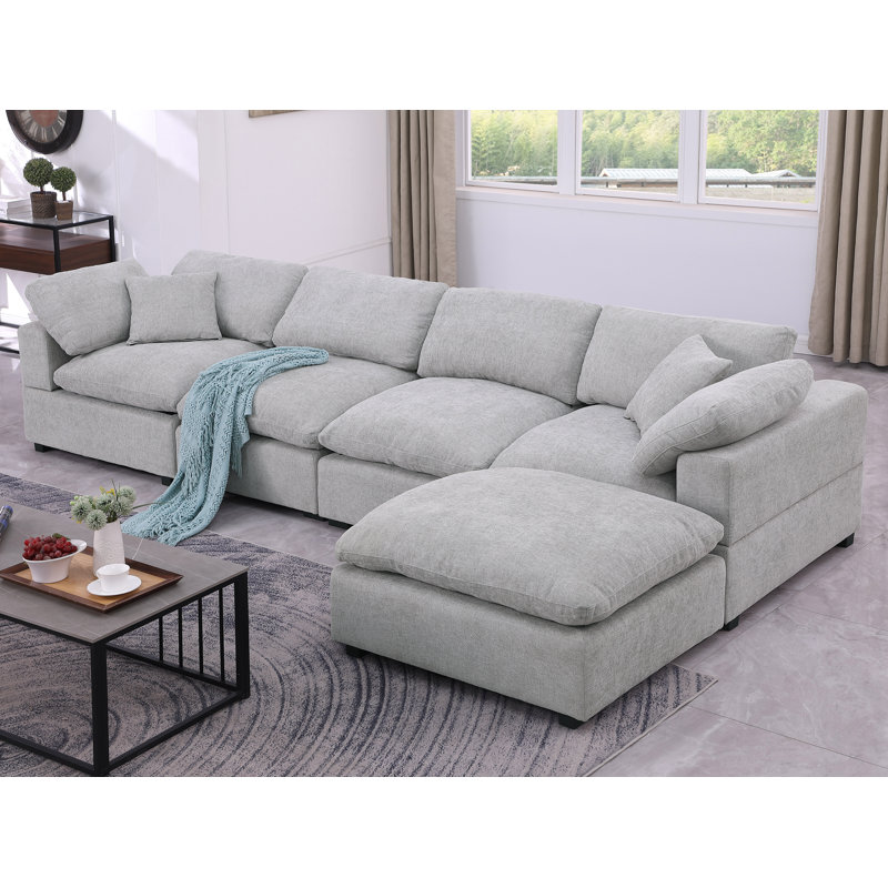 Amiyiah Upholstered L-shaped Couch With Ottoman Sectional, Light Gray Polyester