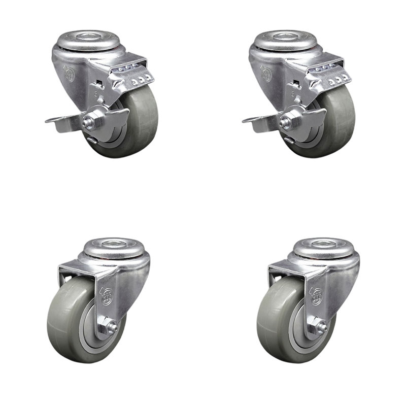 SS Polyurethane Wheel Swivel Bolt Hole Caster Set with 2 Brake SCC