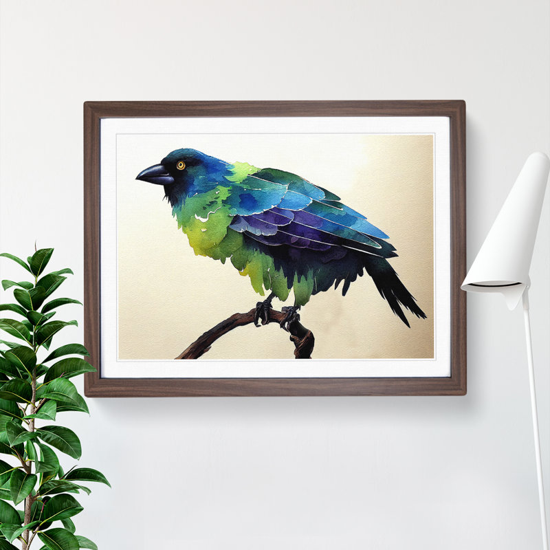 Crow Bird Watercolour - Framed Print, 46cm H x 64cm W x 2cm D, Walnut