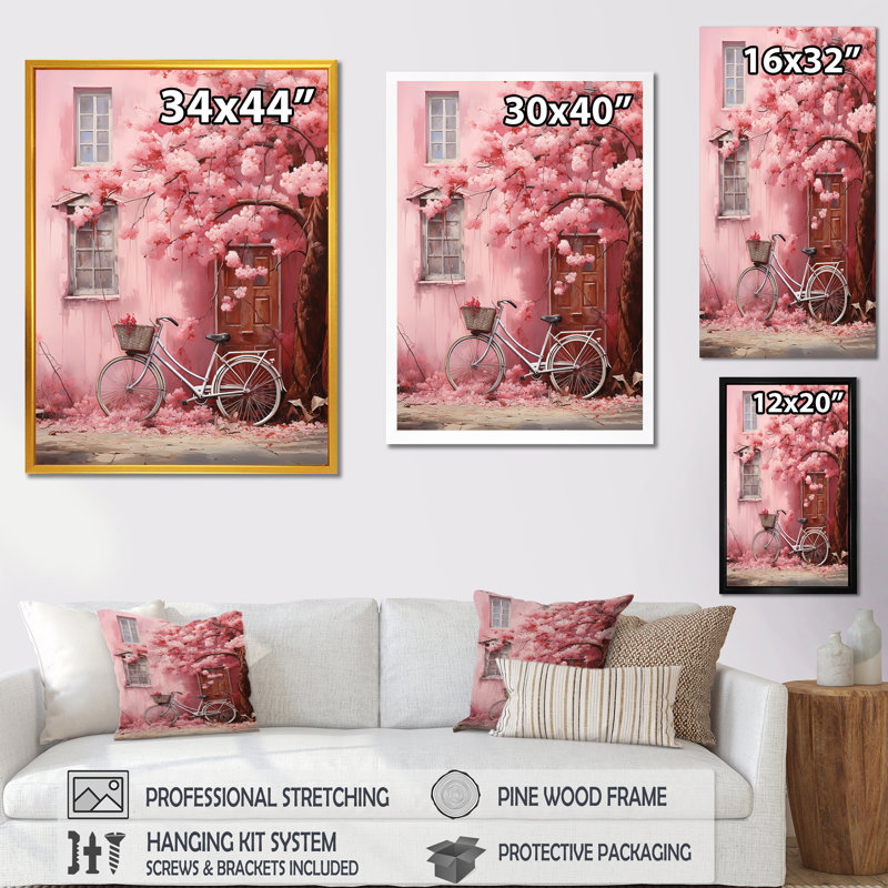 Fleurs roses printanières roses et blanches - vélo, art mural, Cadre doré simple, H 44 po x l 34 po x P 1,5 po
