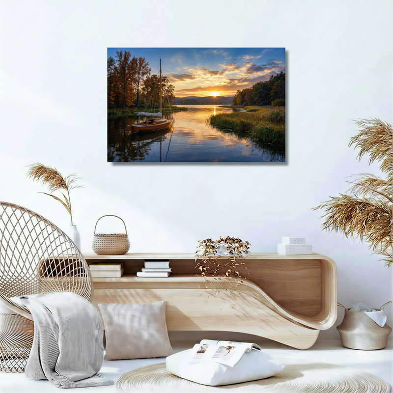 Impression sur toile, voilier en bois sur un lac doré au coucher du soleil, H 18 po x l 24 po
