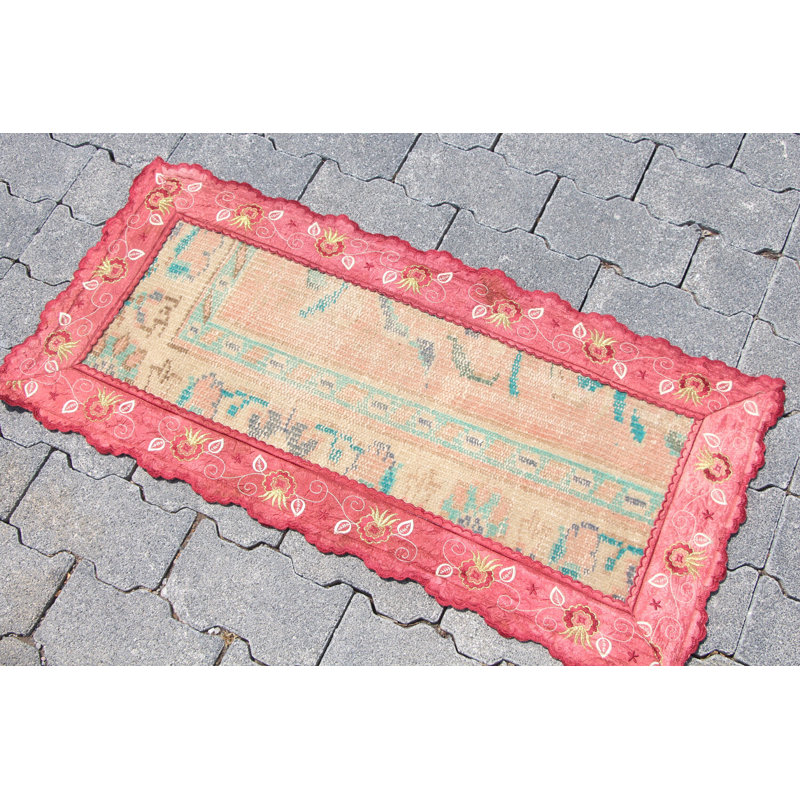 Handmade Vintage Turkish Oushak Rug in Vibrant Orange for Bathroom or Doorway Use