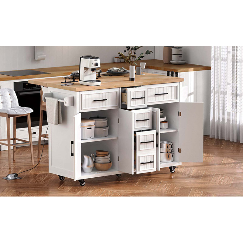 K&K 56.5'' Kitchen Island With Drop Leaf, Power Outlet, Embossed Vertical Stripe Rolling Kitchen Cart On Wheels With 4 Doors , 5 Deep Drawers And Adjustable Shelves, For Kitchen, Dining Room, White