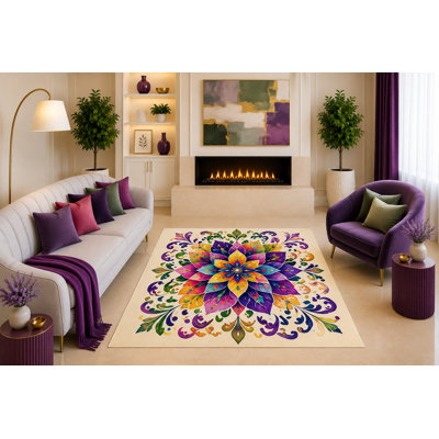 Tapis ultra-léger 152 x 213 cm (5 x 7 pi) violet multicolore à motif floral mandala, style bohème, ornemental, médaillon, pour salon, chambre ou salle à manger. Dos en silicone antidérapant, poils courts.