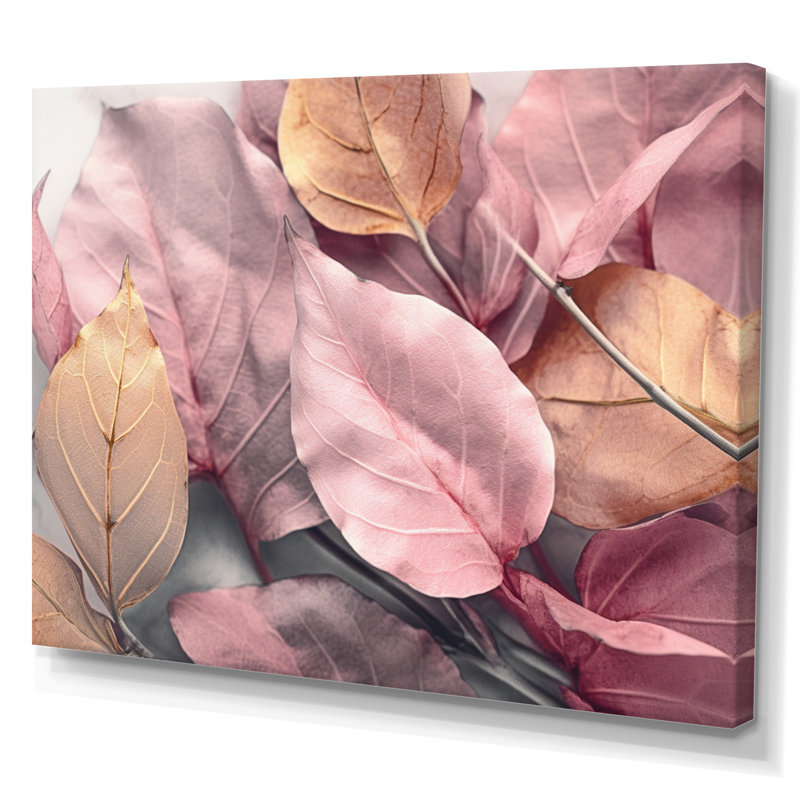 Or rose, feuilles et harmonie II - art floral sur toile, Toile tendue, H 34 po x l 44 po x P 1,5 po
