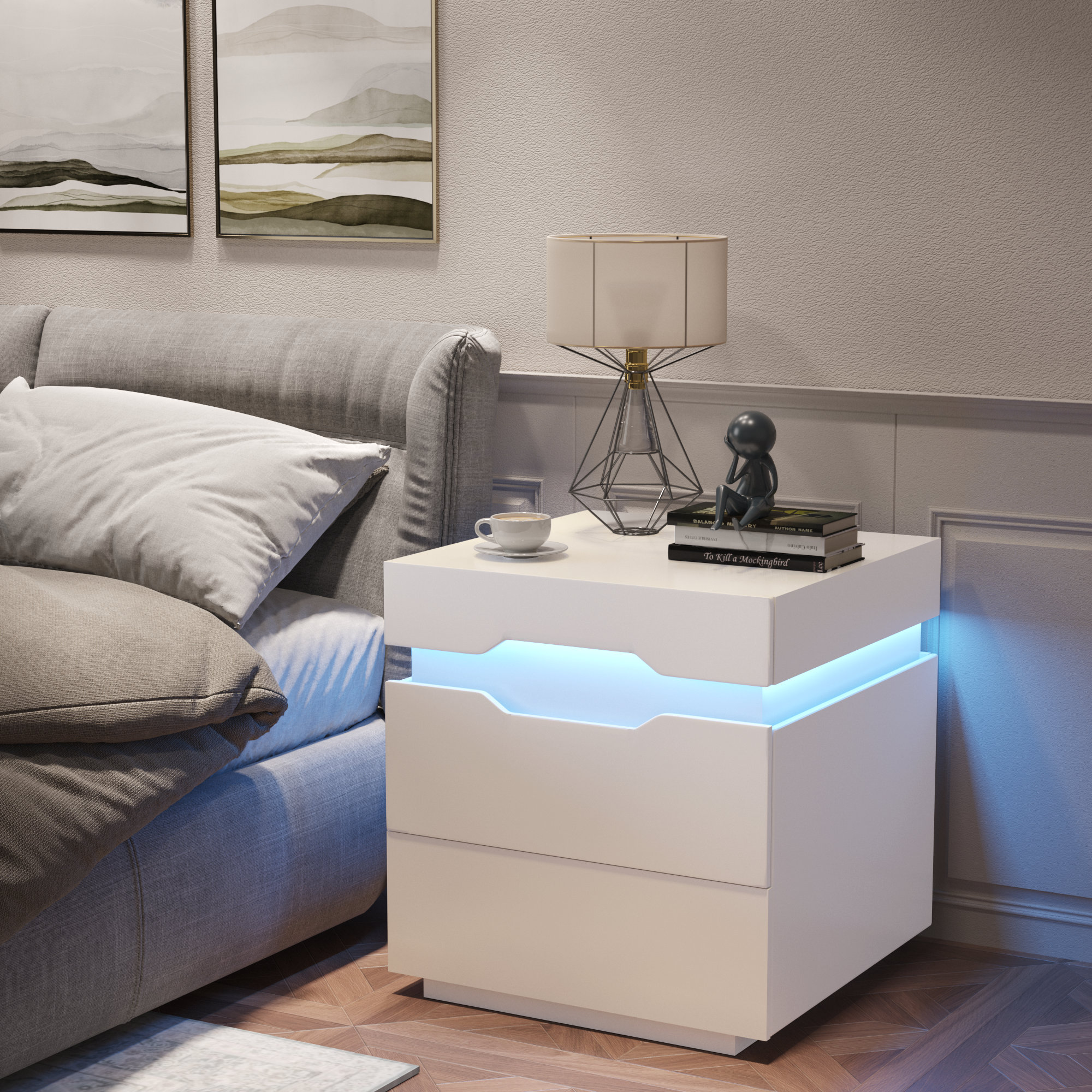 Emmakay Nightstand with Wireless Charging Station, LED Light and 2 Drawers
