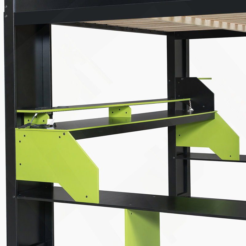 Lit mezzanine en bois pleine grandeur avec prise de courant et ports USB / Type-C, gestion des câbles intégrée et lumière RVB, vert