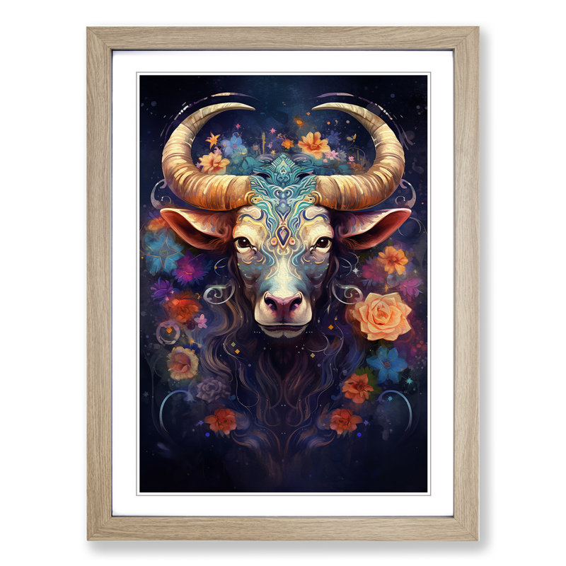 XYZ-FRM-V1223-1610 Taurus Zodiac Impressionism - Single Picture Frame Print on Wood, Oak , 34cm H x 25cm W x 2cm D