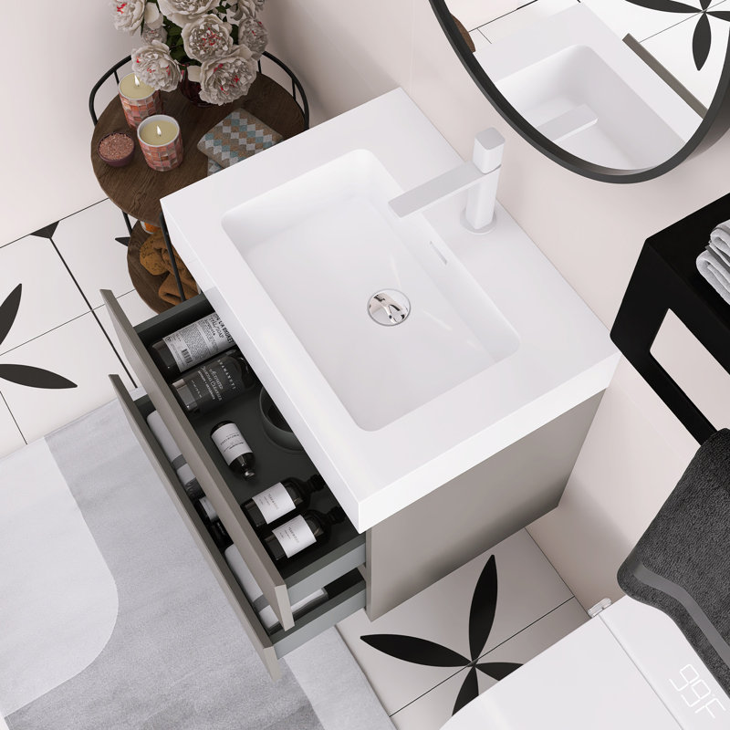 Meuble-lavabo mural 24 po avec lavabo, Gris, Blanc