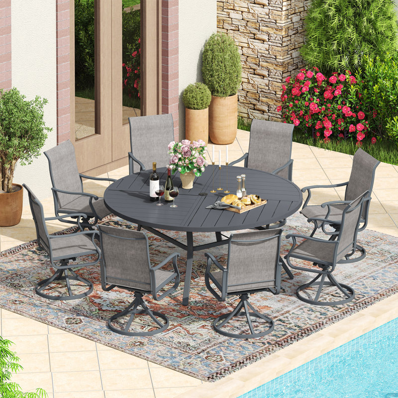 Round Outdoor Dining Set with 60" Metal Dining Table and 8 PVC-coated polyester Swivel Dining Set, Gray/Gray