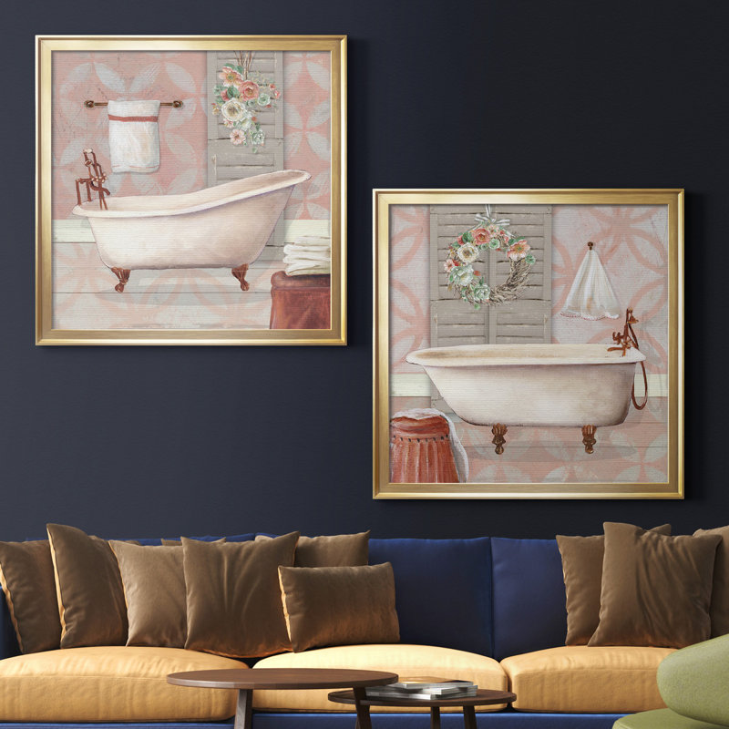 «Blush Bath I», ensemble de 2 reproductions sur toiles tendues, H 40 po x l 80 po x P 1 po, Pas de tapis, Toile tendue