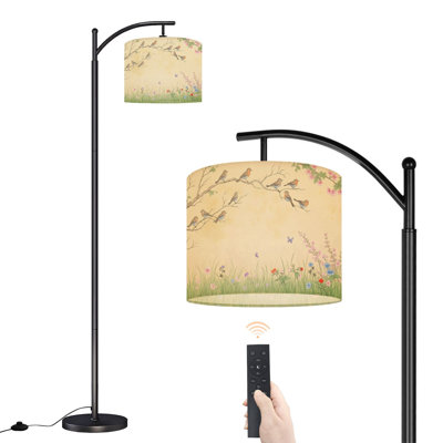 Lampe sur pied à arc avec abat-jour réglable Birds Blossoms Douces couleurs pastel Lampe sur pied avec bordure florale