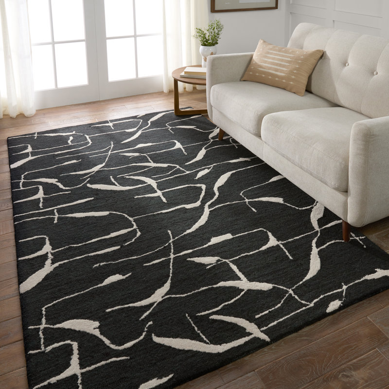 Tapis rectangulaire en laine touffeté à la main noir / beige Hisano par Nikki Chu, Rectangle 12 pi x 15 pi