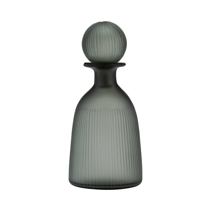 Glass Vase with Vertical Ribbed Detailing and Round Stopper Accent Aligned to Coastal Trend for Modern Decorative Display in Contemporary Interior Settings.