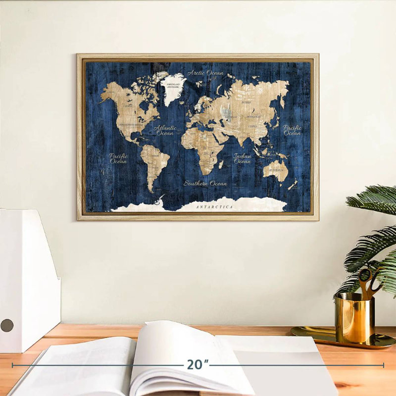 Carte du monde en bois texturé, 13 po x 9 po, Cadre flottant en bois naturel