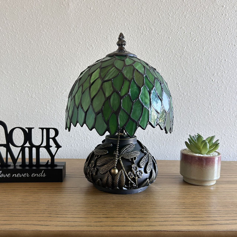 Standwood Tiffany Mini Table Lamp Stained Glass Green Leaves Included LED Bulb Dragonfly Base 12"H*8"W*8"D