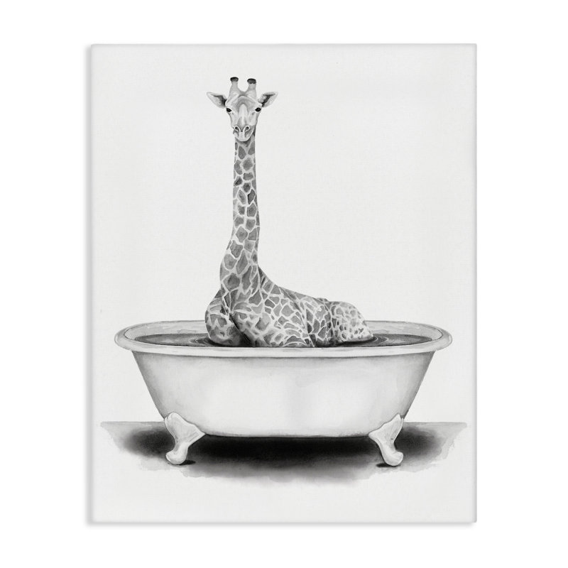 Giraffe in a Tub Funny Animal Bathroom by Rachel Neiman - Floater Frame Print on Canvas, 30" H x 24" W