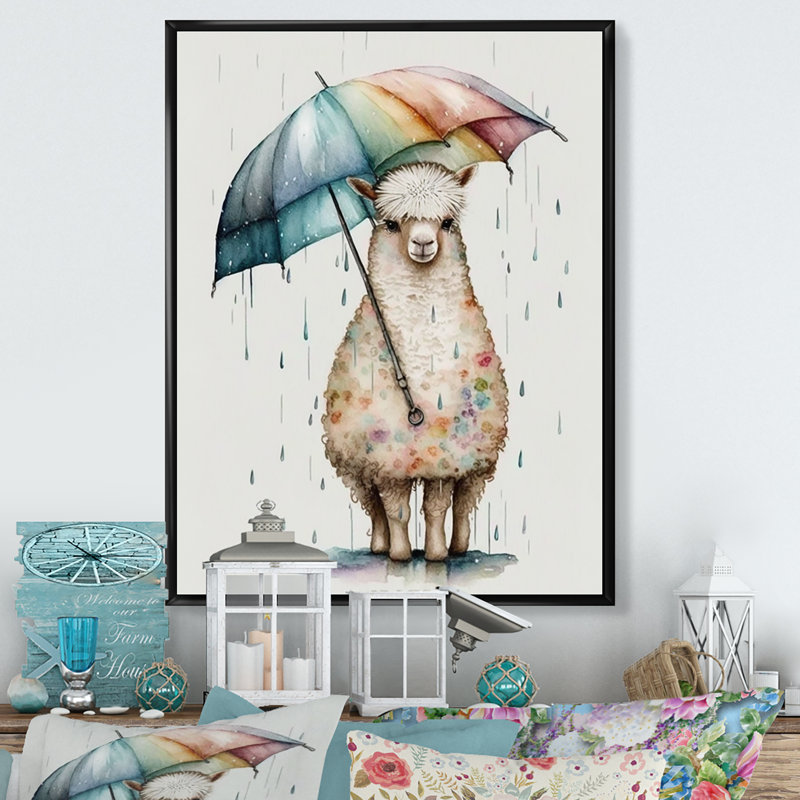 Mignon Liama avec parapluie, jour de pluie - lama animaux, impression sur toile, H 32 po x l 24 po x P 1 po