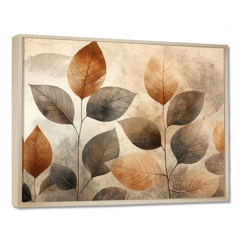 Taupe, feuilles, mosaïque, collage III - feuilles, art mural, H 30 po x l 40 po, Impression encadrée flottante, Noir