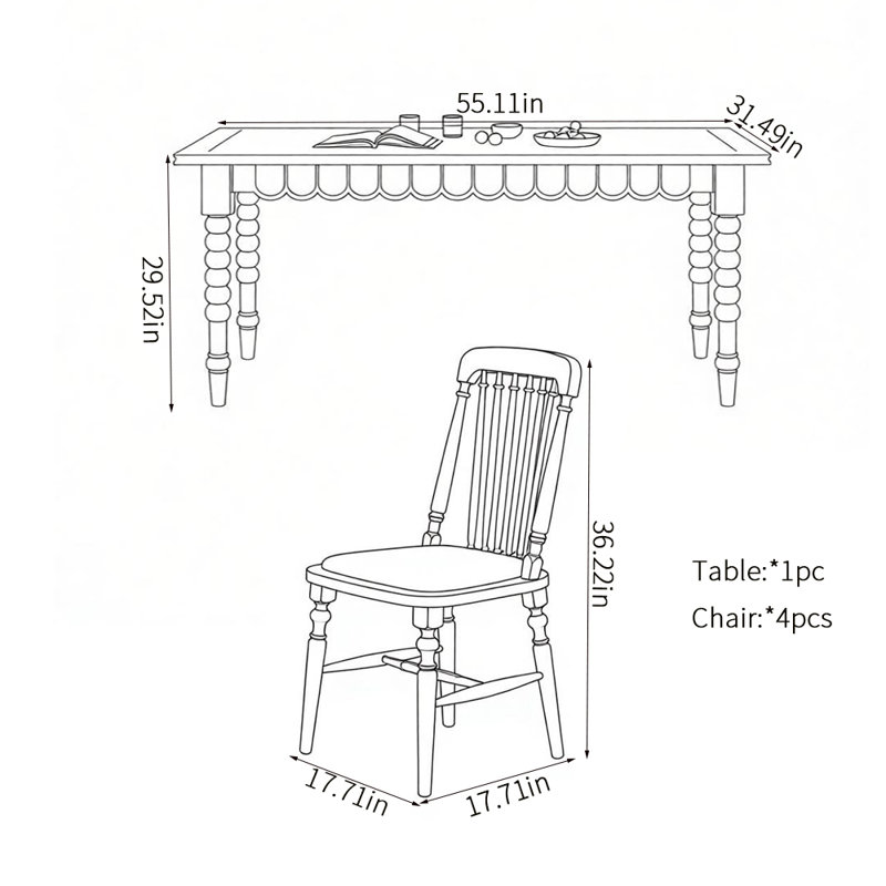 French vintage dining table sets, 5 Pieces: Table, 4 Chairs, 29.52" H x 55.11" W x 31.49" D