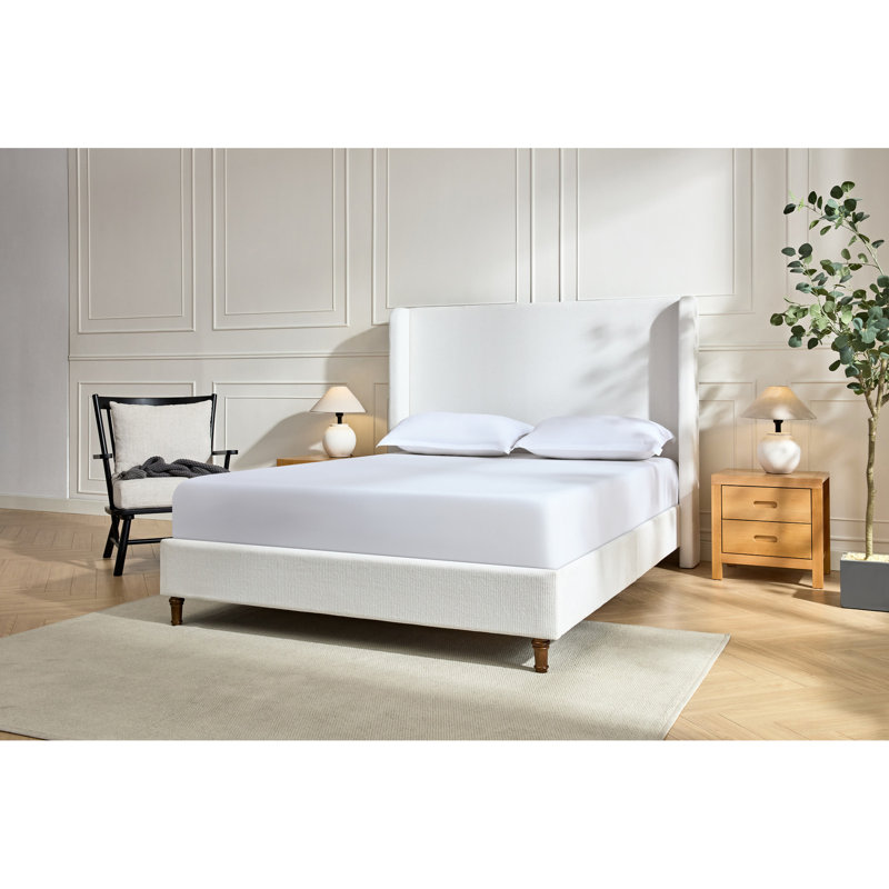 Grand lit tapissier, tête de lit de 54 po de hauteur, blanc crème, base en métal, sans sommier, guide d'assemblage facile et élégant