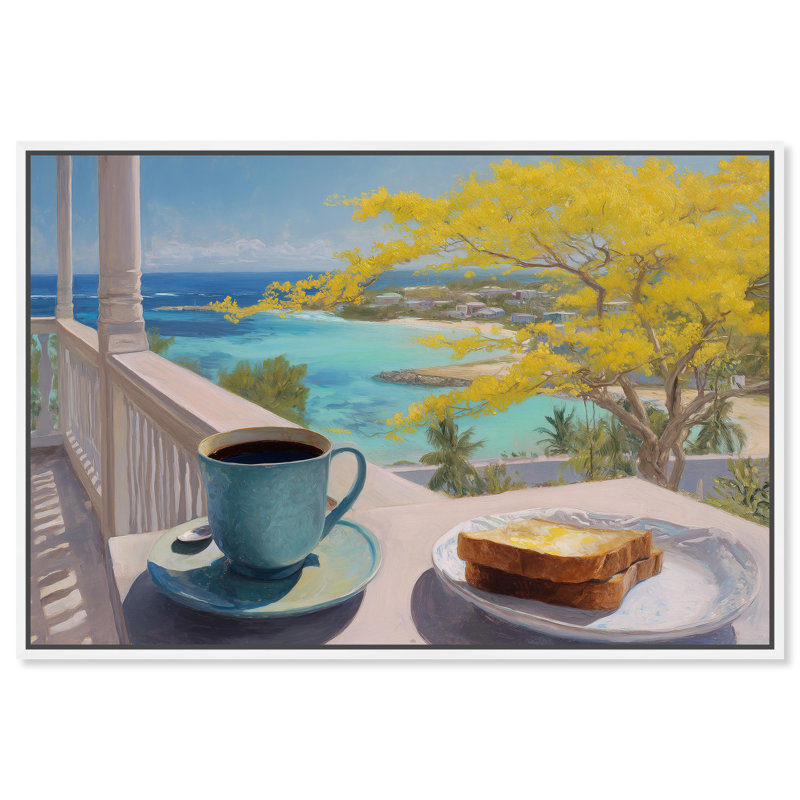«Morning Toast Ocean View», reproduction d'art sur toile encadrée par Art Remedy, cadre blanc, 24 x 16, 17"H x 25"W