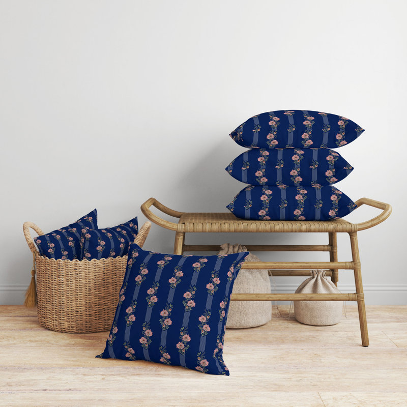 Blue and Pink Floral Reversible Square Throw Pillow