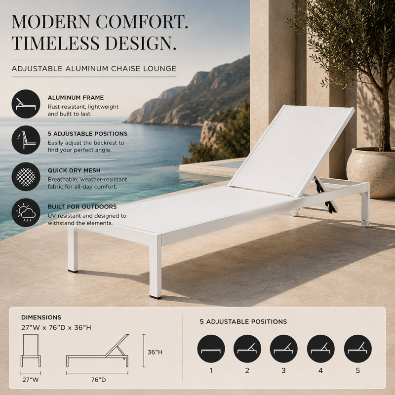 Aynura 9-Piece Outdoor Dining & Lounge Set – White Powder-Coated Aluminum Patio Furniture with 71" Dining Table, Stackable Chairs & Reclining Loungers - White