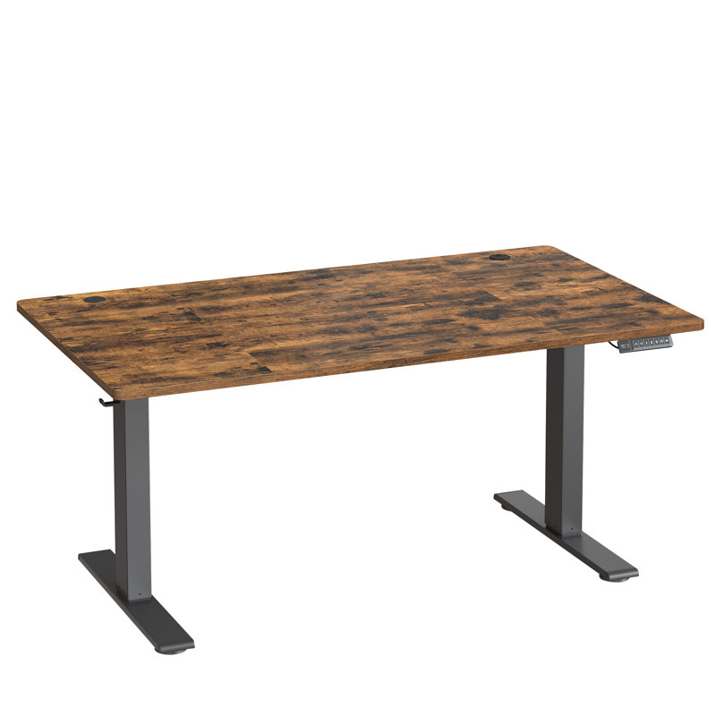 Adjustable Metal Base Standing Desk with Power Outlet, Brown/Black, 140cm W x 80cm D