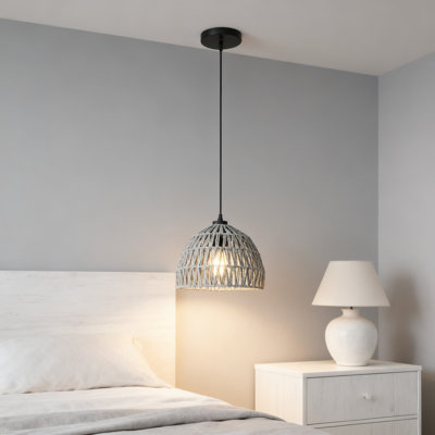 Modern Farmhouse Pendant Light With Woven Rope And Iron Accent, 10.25-Inch 1-Light LED Fixture For Kitchen Island, Dining Room, And Living Room