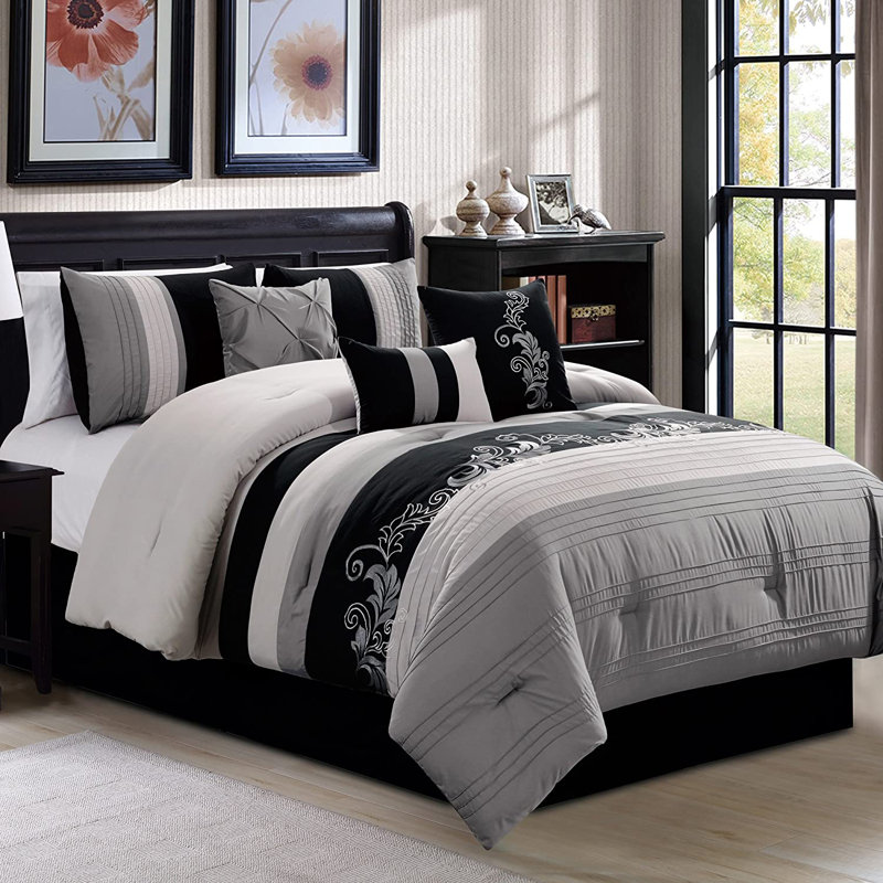 Floral Embroidered Microfiber 7 Piece Comforter Set, King Comforter + 6 Additional Pieces, Green/Black/Cream