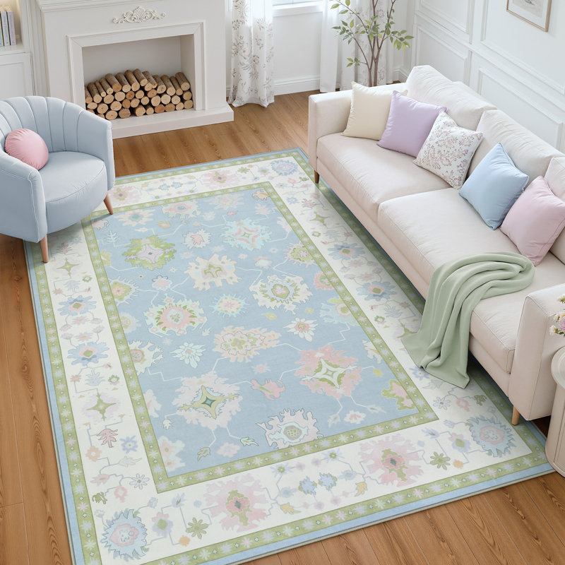 Boho Oushak Area Rugs, Washable Non-Slip Rugs, Oriental Floral Soft Thin Indoor Carpet, Blue Pink, Rectangle 8' x 10'
