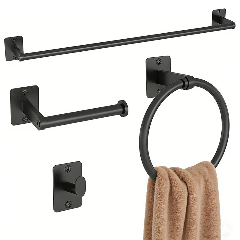4-Piece Matte Black Bathroom Hardware Set - 24 Inch Towel Bar, Toilet Paper Holder, and 2 Robe Towel Hooks - SUS304 Stainless Steel Wall Mounted Bathroom Accessories Set (Black)