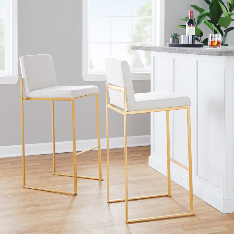 Tabouret de bar et de comptoir à dossier haut Brieon (ensemble de 2), Or, Tissu beige, Tabouret de bar "30"