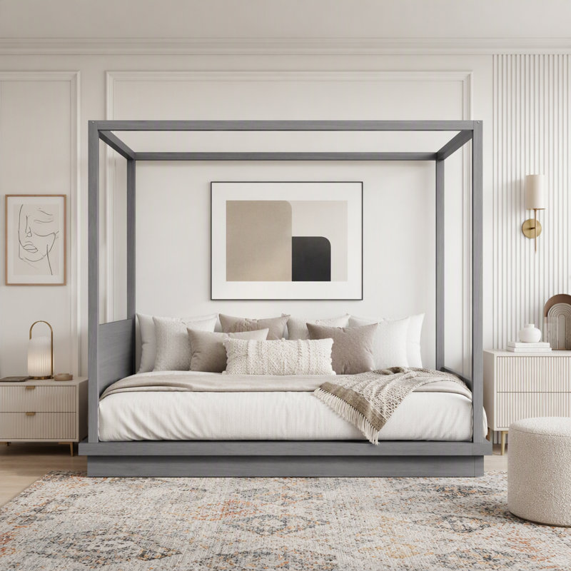 Lit plateforme à baldaquin en bois avec tête de lit, Gris, Grand lit