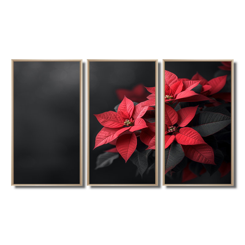 Glaude - Ensemble de décoration murale poinsettias, Toile naturelle avec cadre flottant, H 40 po x l 60 po x P 1 po