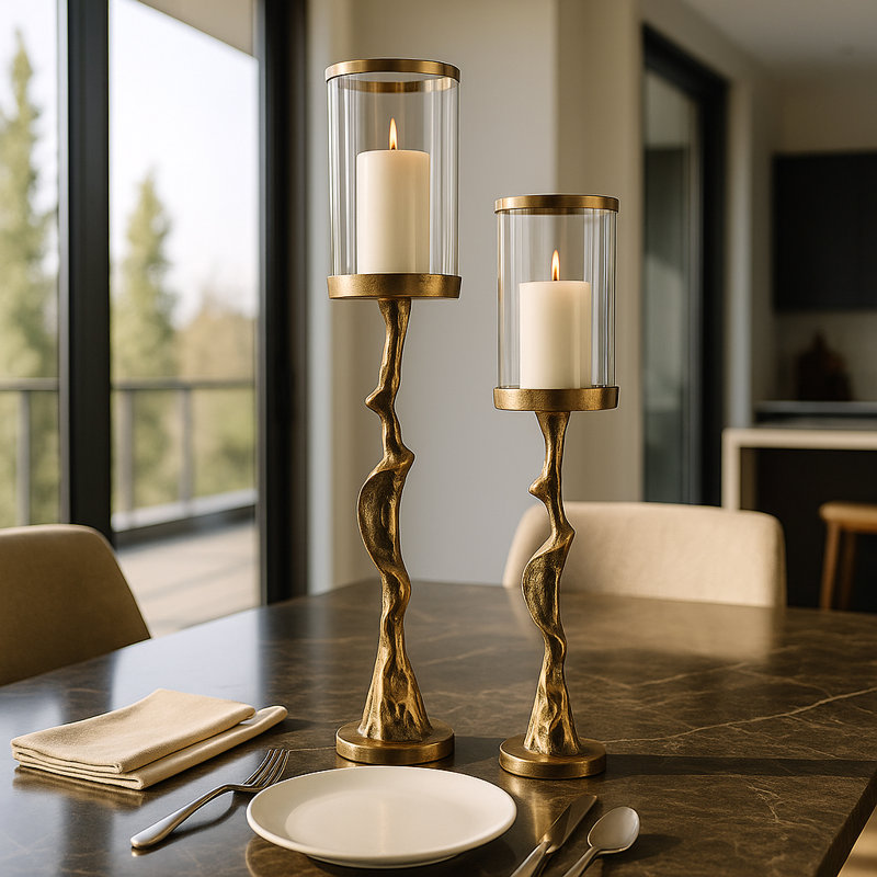 Grand porte-bougie pilier sculptural moderne pour décoration de table - Porte-bougie élégant pour une décoration intérieure - Ensemble de 2, 30 po, 21 po, doré