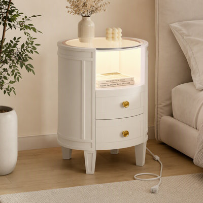 Table de chevet 2 tiroirs avec lumière DEL, table d'appoint moderne avec plateau en verre