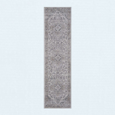 2x8 Ivory Beige Oriental Runner Rug, Vintage Hallway Carpet with Non Shedding Low Pile Design