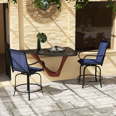 De 2 tabourets de bar d'extérieur avec conception pivotante à 360 °, tissu à mailles élevées, structure en acier pour patio, balcon, bord de piscine, cour arrière, formation de chaises de patio bleu marine 2 pièces, riche
