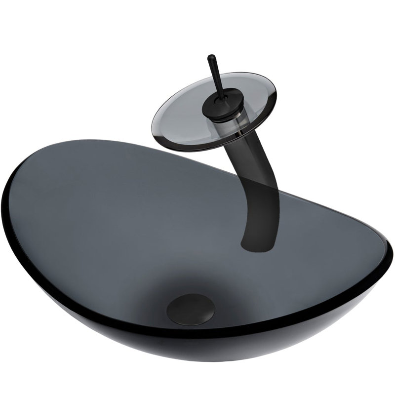 Lavabo de salle de bain vasque ovale en verre avec robinet, gris, Noir mat
