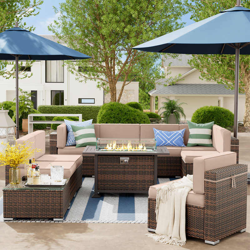 Angeli 8 Person Rattan Seating Group with Fire Pit Table, Coffee Table, Khaki