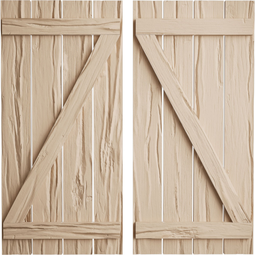 Rustic Four Board Spaced Board-n-Batten Faux Wood Shutters w/Z-Board (Per Pair) Ekena Millwork 