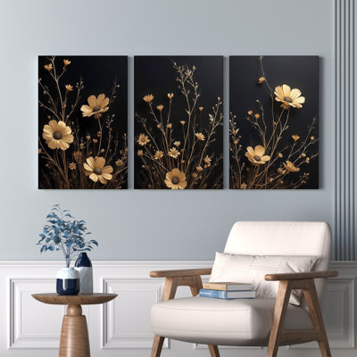 Art floral doré doré sur toile tendue, ensemble botanique abstrait (ensemble de 3)